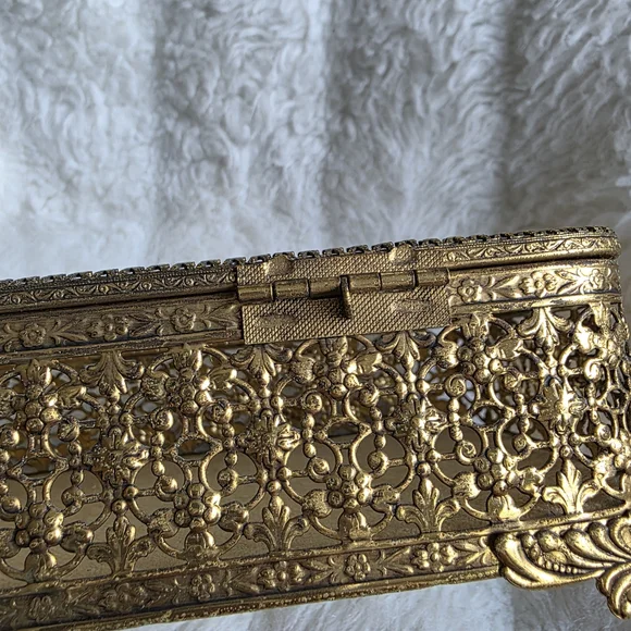 Vintage 24k Gold Plated Jewelry Box with Glass Cover.